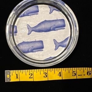 Hand crafted decopauge glass coin dish/ jewelry dish. Custom vintage whale print